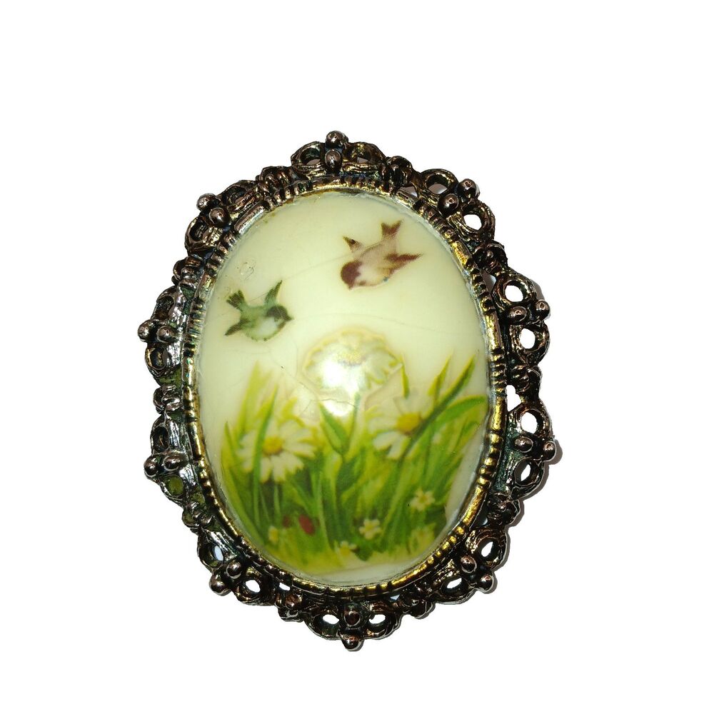 Vintage Ceramic Birds & Flowers Brooch Pin Pendant Silver Tone Frame Border READ
